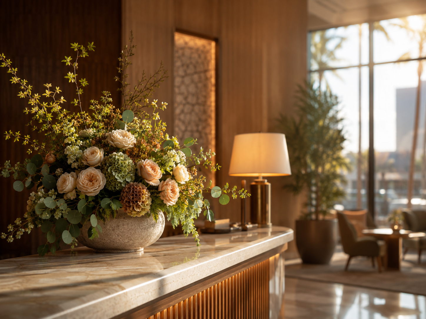 Reference visual: a designer floral arrangement on a luxury hotel lobby reception desk