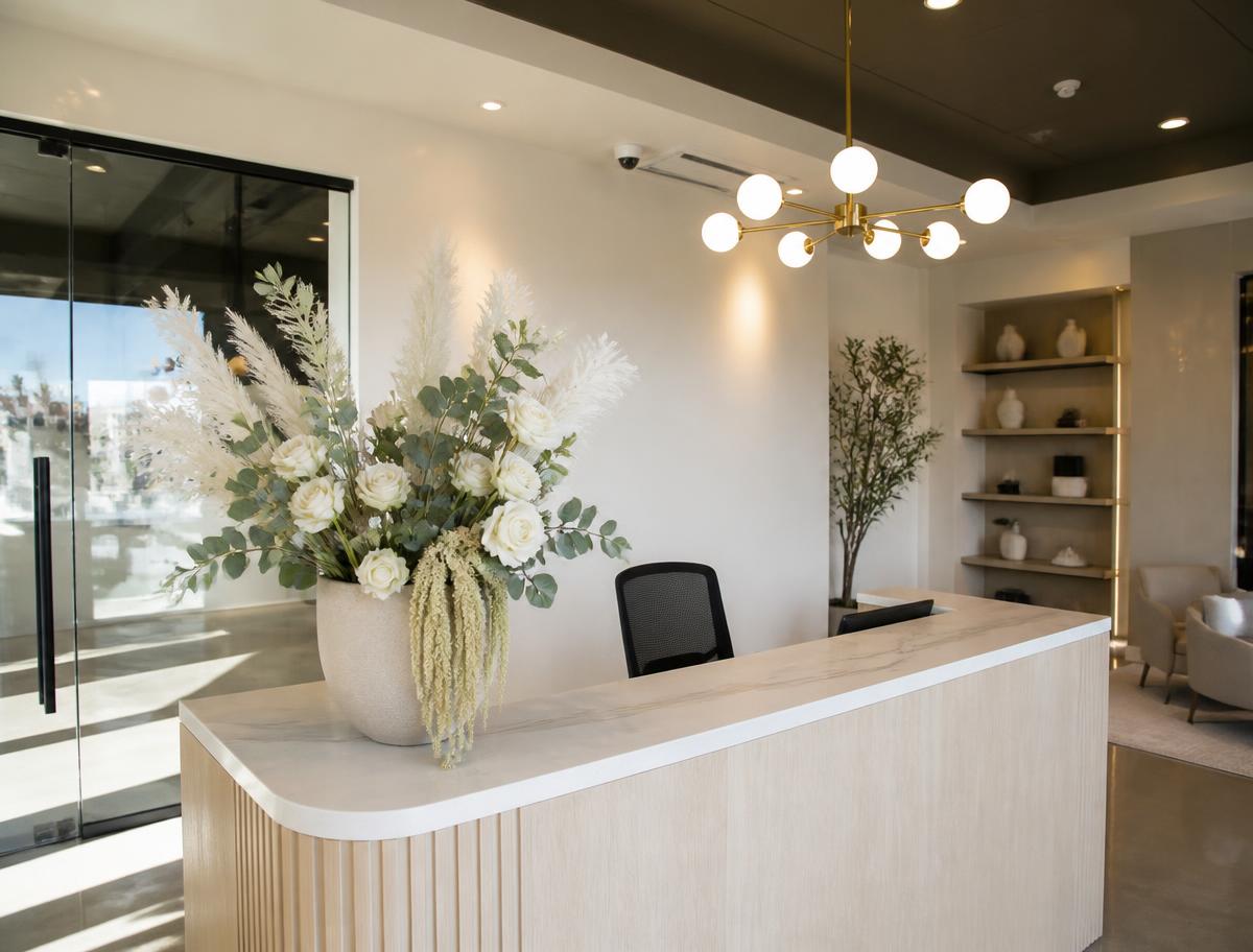 Reference visual: a modern real estate office front desk with a designer arrangement in a matte ceramic vessel