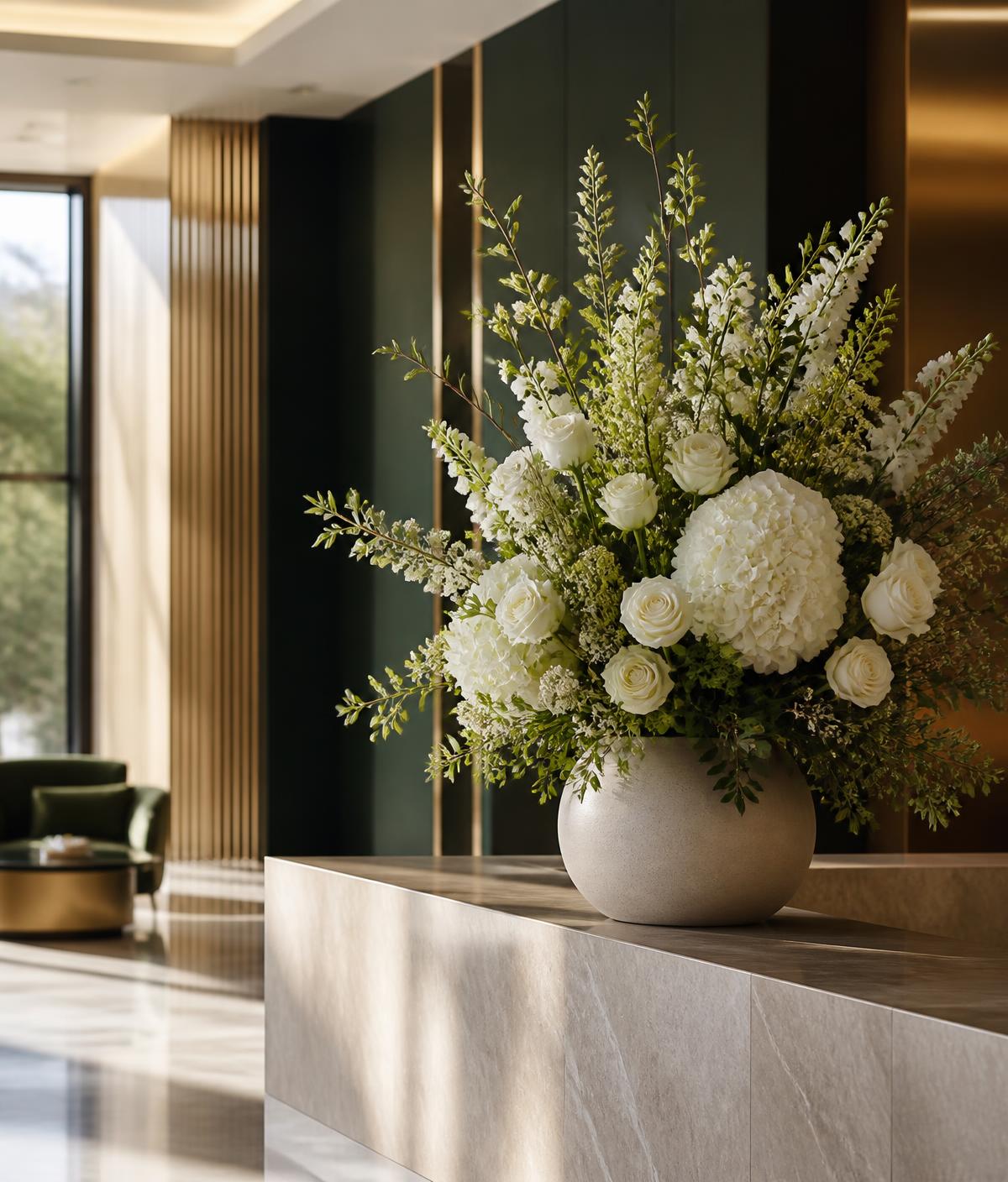 Designer floral installation styled on a modern office reception counter